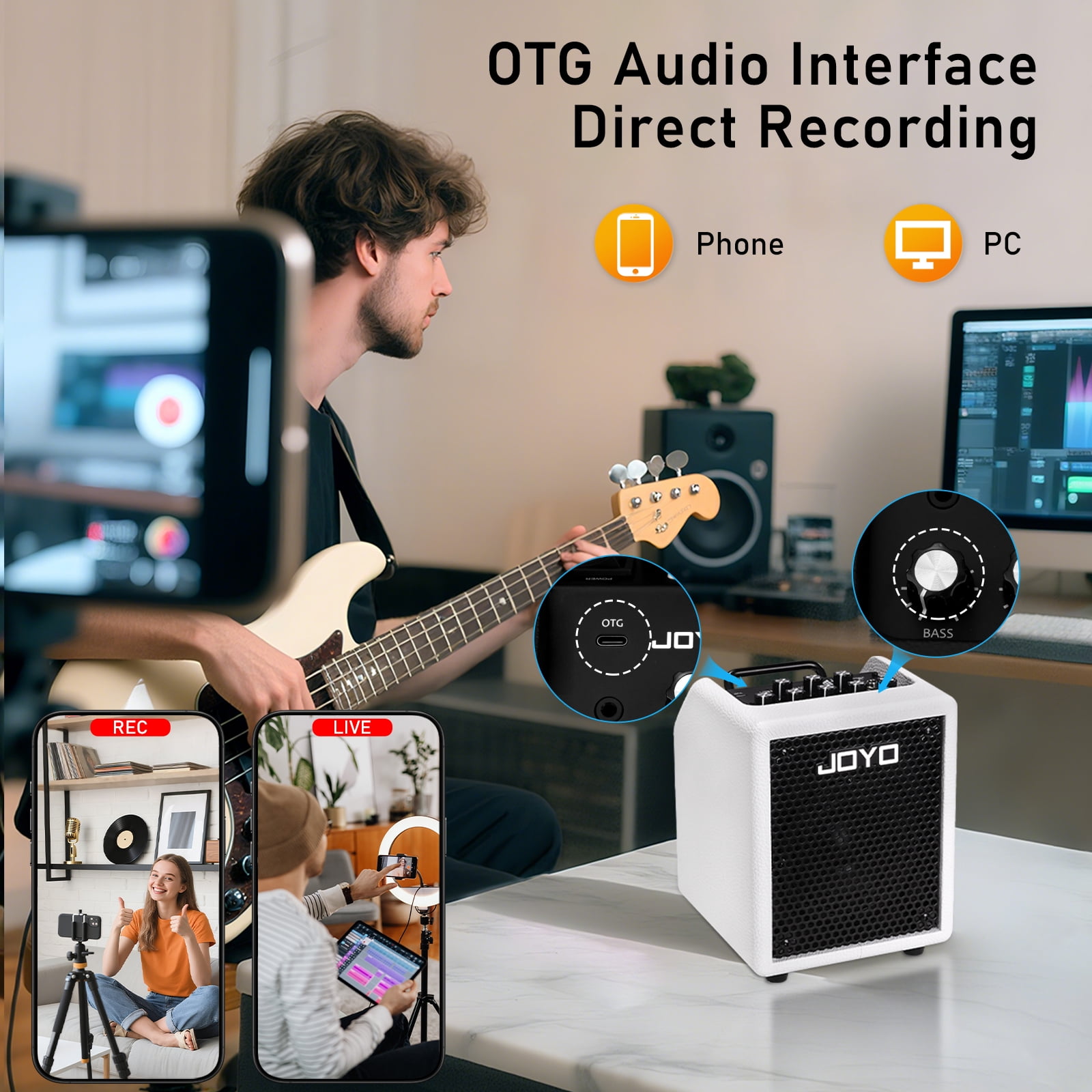 JOYO 30W Bass Combo Amplifier Portable Amp 4" Speaker with 3-Band EQ & Compressor | Bluetooth 5.1 + OTG Direct Recording | Headphone Practice for Bassist Solo Livestream Gigs (Vibe Cube BA-30, White)