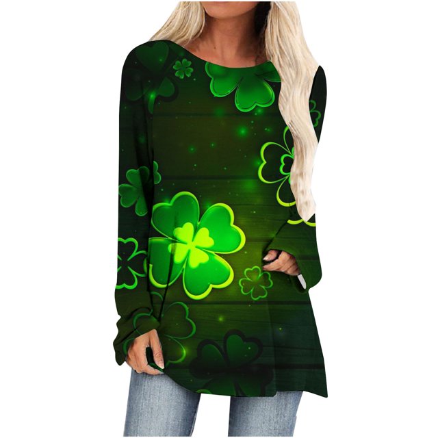 QIPOPIQ Chemises à Manches Longues pour Femmes Col Rond T-Shirts de la Saint-Patrick Tunique T-Shirt Imprimé Shamrock T-Shirt Vert Chanceux Chemises Tops St Patricks Day Col Rond Chemises de Vacances Offres