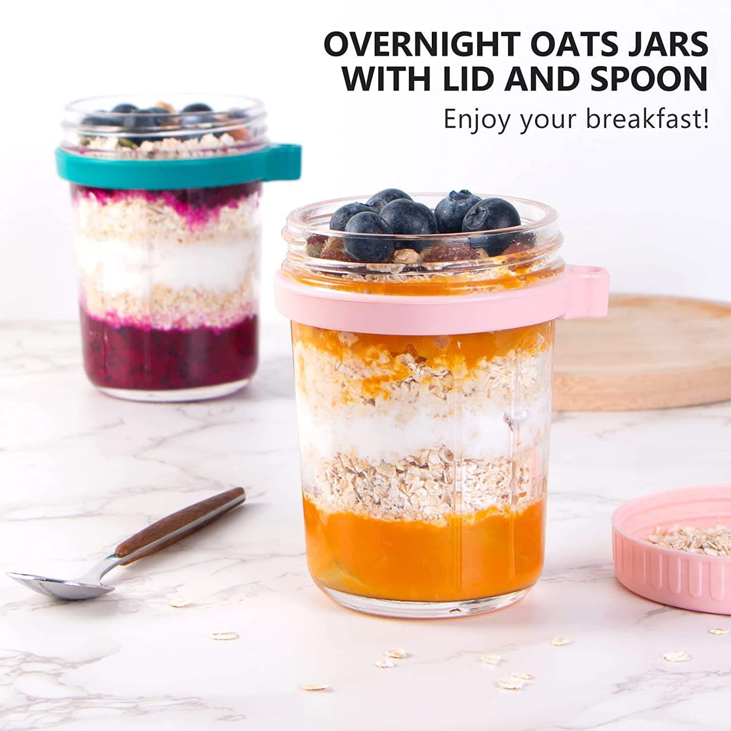 SMARCH Overnight Oats Jars with Lid and Spoon Set of 2, 10 oz Large Capacity Airtight Oatmeal Container with Measurement Marks, Mason Jars with Lid