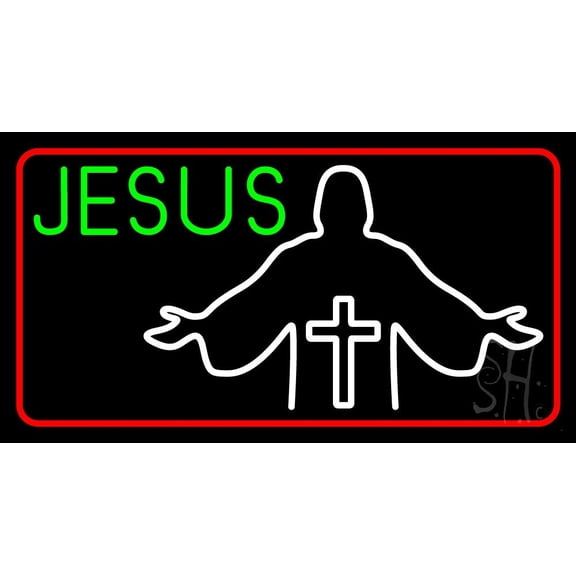 Jesus Christian Cross With Border LED Neon Sign 13" Tall x 24" Wide - inches Black Square Cut Acrylic Backing, with Dimmer - Premium built indoor Sign for Home dcor, Religious place, Store interior.