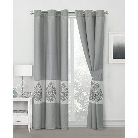 4-Pc Amelie Paisley Damask Floral Embroidery Curtain Set Gray Silver Drape Sheer Liner Grommet