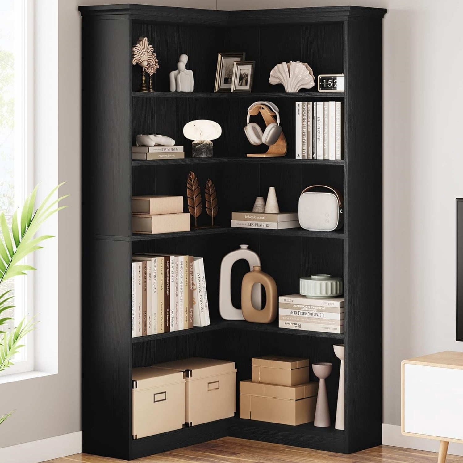 Garvee Large 5-Tier L-Shaped Corner Bookshelf, 35.5 x 35.5 x 72.8", Black