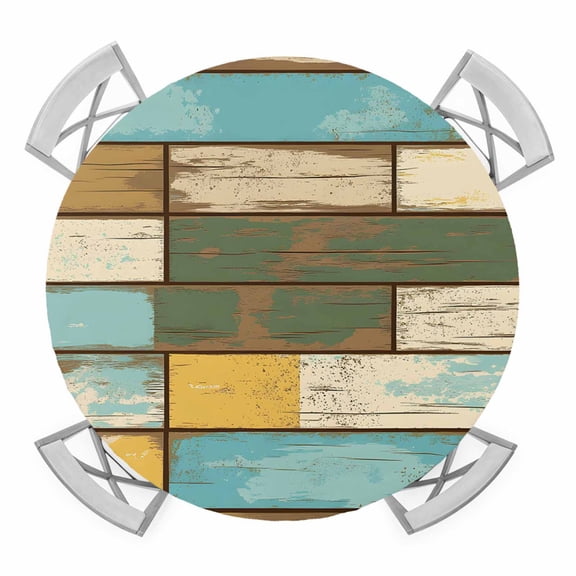 Elastic Fitted Round Tablecloth, Brown Blue Vintage Waterproof Stretch Table Cover for 36"-44" Tables, Retro Farmhouse Elegant Pastoral Washable Outdoor Tablecloths for Patio, Picnic, Camping