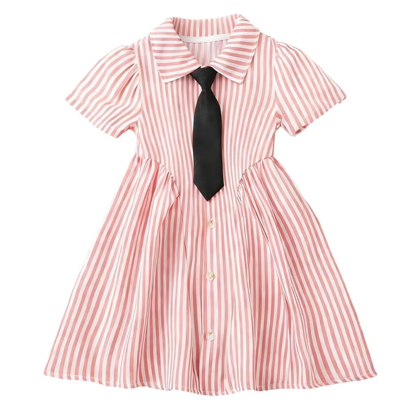 Fesfesfes Girls Short Sleeve Dress Kids School Photo Outfit Kindergarten Graduation Dress British Style Bow Tie Blouse Ruffled Waist Party Wear Toddler(Pink,2-3 Years)