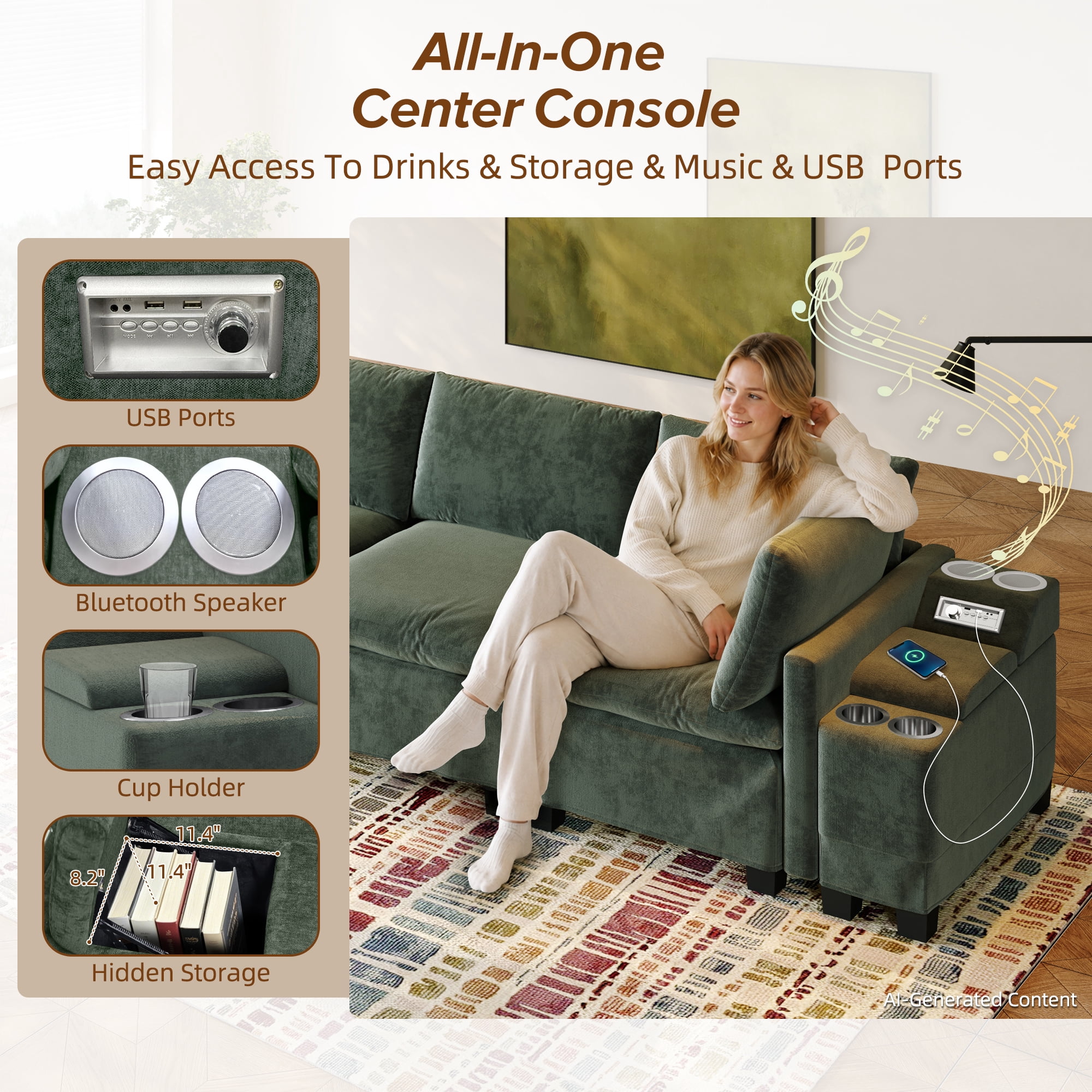 Howcool 121.2" Modular U-Shaped Sectional Sofa, 6-Seat Cloud Couch with Movable Ottoman, Convertible Sofa Bed, Chenille Couch with USB Charging, Cup Holders & Bluetooth Speaker for Living Room, Green