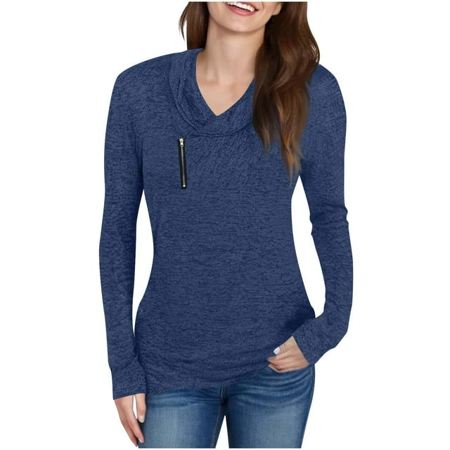 Hvobtty T-Shirt Décontracté à Manches Longues et Col Rond pour Femmes, Mode Chandail à Manches Longues avec Fermeture Éclair