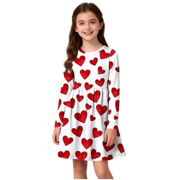 Girls White Heart Print Long Sleeve Dress for Valentine's Day, A-Line Stretchy Casual Party Wear,Size 5-6 T