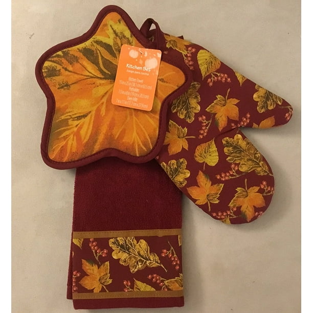 Fall Leaves Kitchen Towel Potholder Oven Mitt Ensemble 100 Cotton By Woman Owned Walmart Com Walmart Com