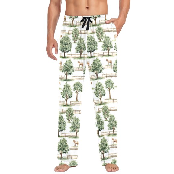 FORMRS Mens Pajama Pants with Pockets Soft Cotton Sleepwear Lounge Bottoms, Sizes S-2XL, Watercolor Horses Pattern