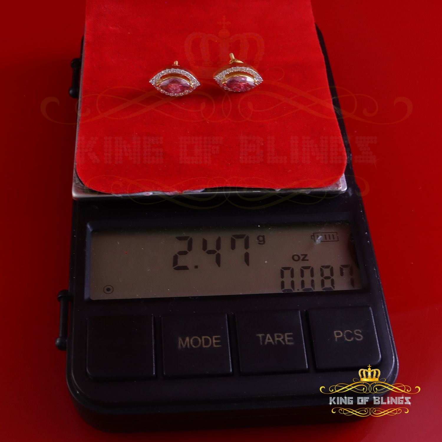 King of Bling's 1.25CT VVS 'D' Pink Moissanite Men's/Women 925 Yellow Silver Stud Earrings