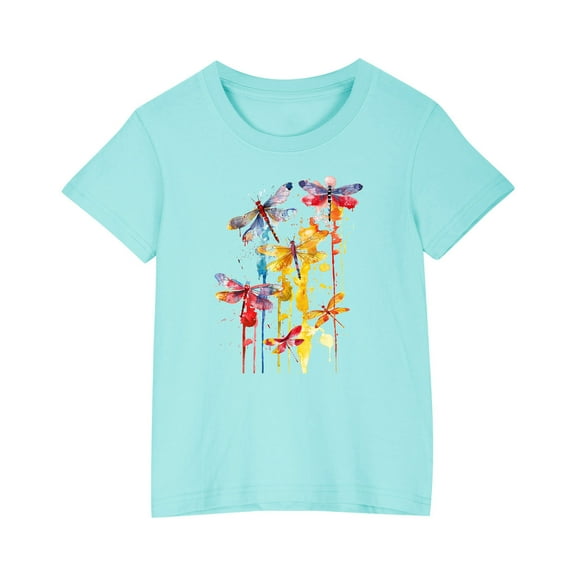 LNWUY (3-10 Years) Kids Boys Girls Round Neck T-shirt Fashion Cute Printed Casual Short Sleeve Cotton Soft Breathable Top Blue 3 Years