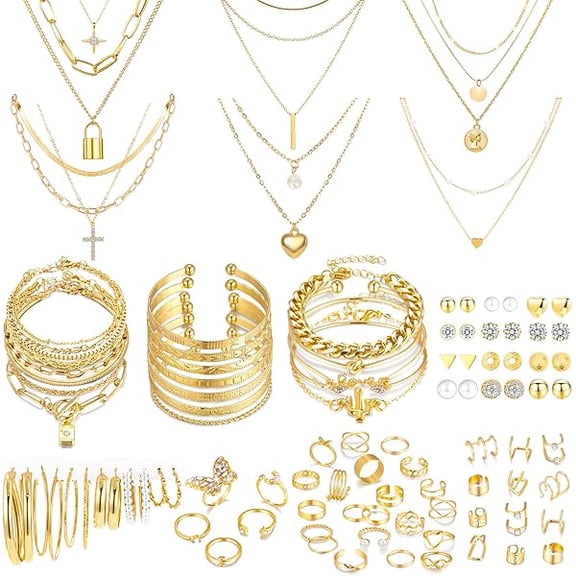 LYH 93 Pcs Golden Jewelry Set for Women Costume Jewelry Pack Golden Plated Necklace Bracelet Stackable Ring Earrings Jewelry for Christmas New Year
