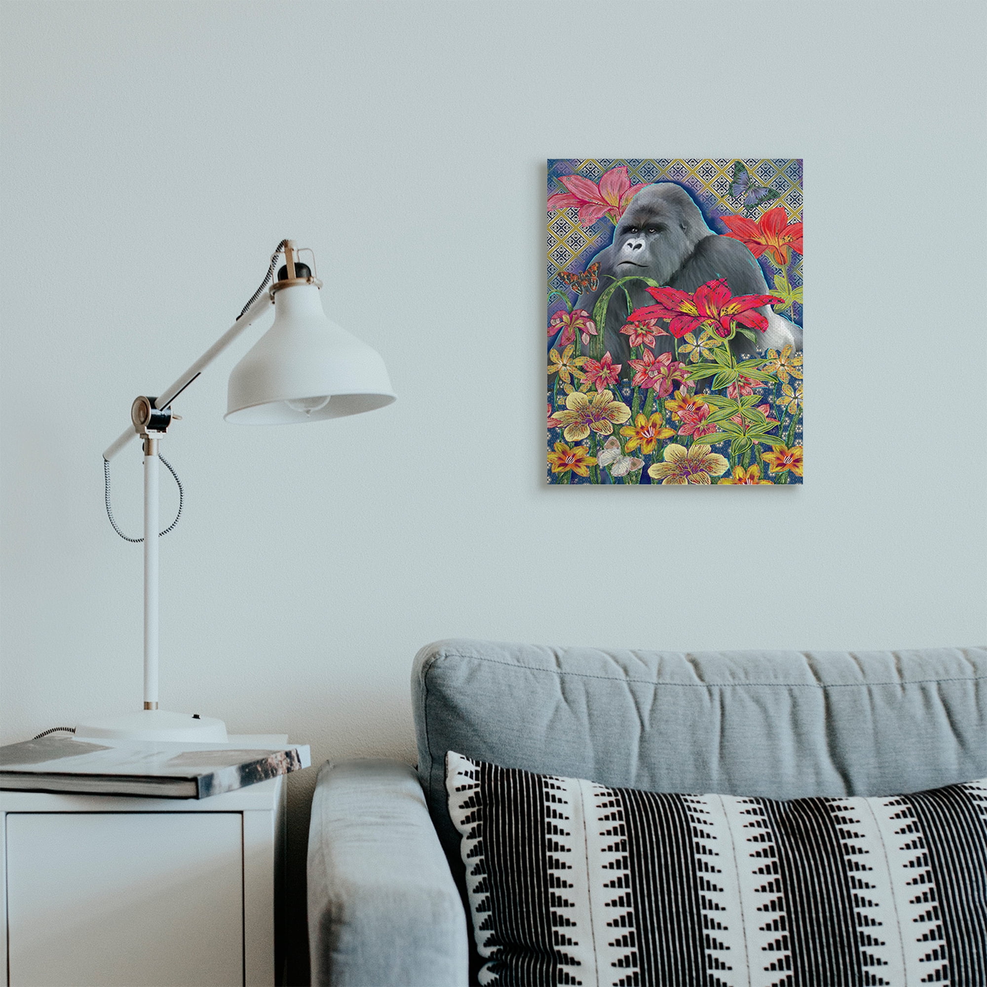 Stupell Industries Gorilla Standing Behind Tropical Florals Geometric Pattern Canvas Wall Art, 16 x 20, Design by Sangita Bachelet