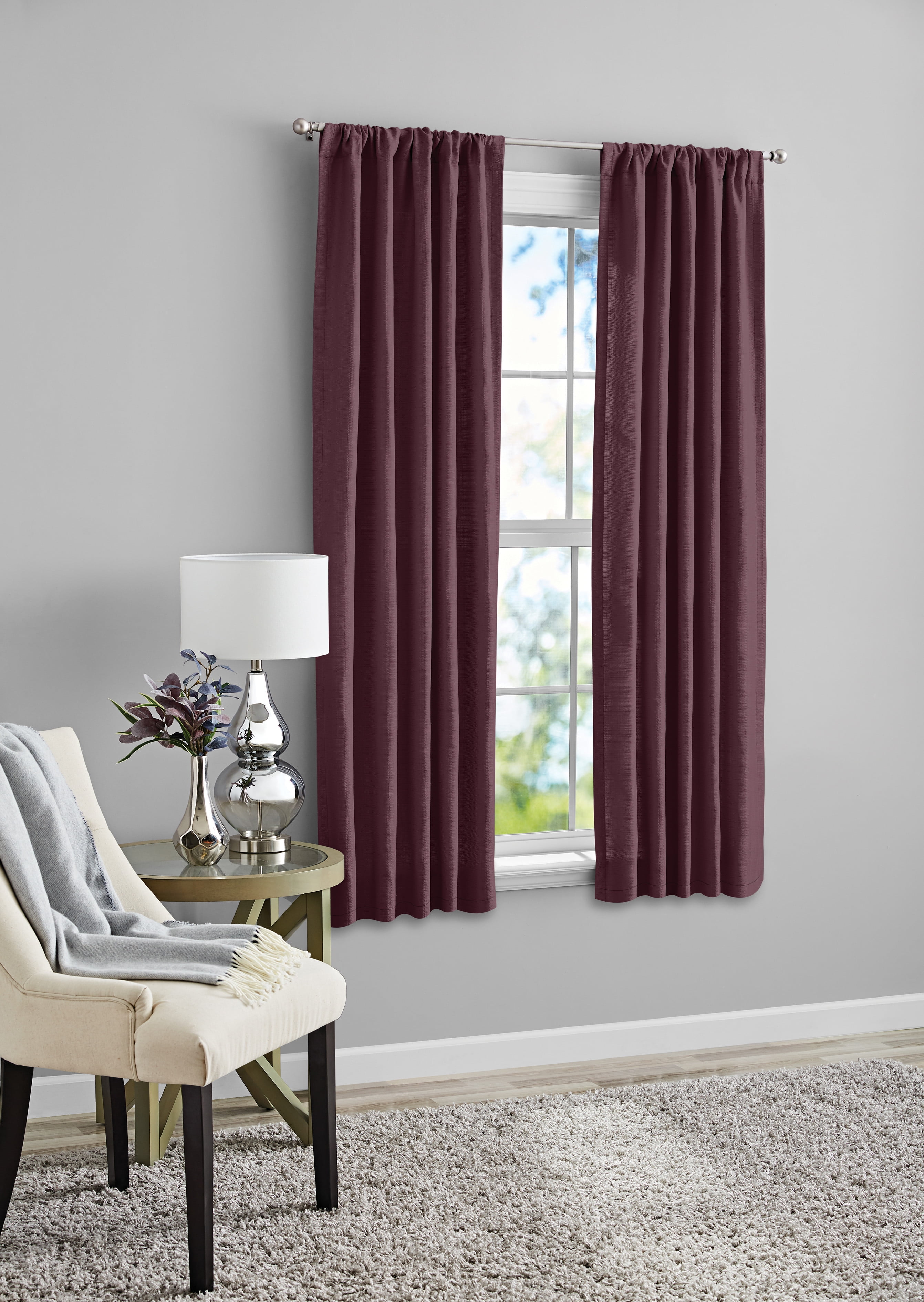 (2 pack) Mainstays Southport Light Filtering Rod Pocket Textured Curtain Panel, Set of 2, Burgundy, 40” W x 63” L