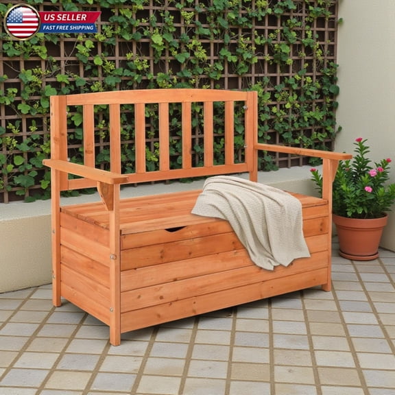 Hassch 44.1" Cedar Storage Bench with Back and Armrests, Outdoor Garden Bench with Seat Storage Chest - Bright Orange Red Finish, Weather-Resistant for Patio Tools & Cushions