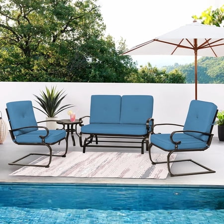 SUNCROWN 4-Piece Outdoor Patio Furniture Set Wrought Iron Conversation Sets, Peacock Blue