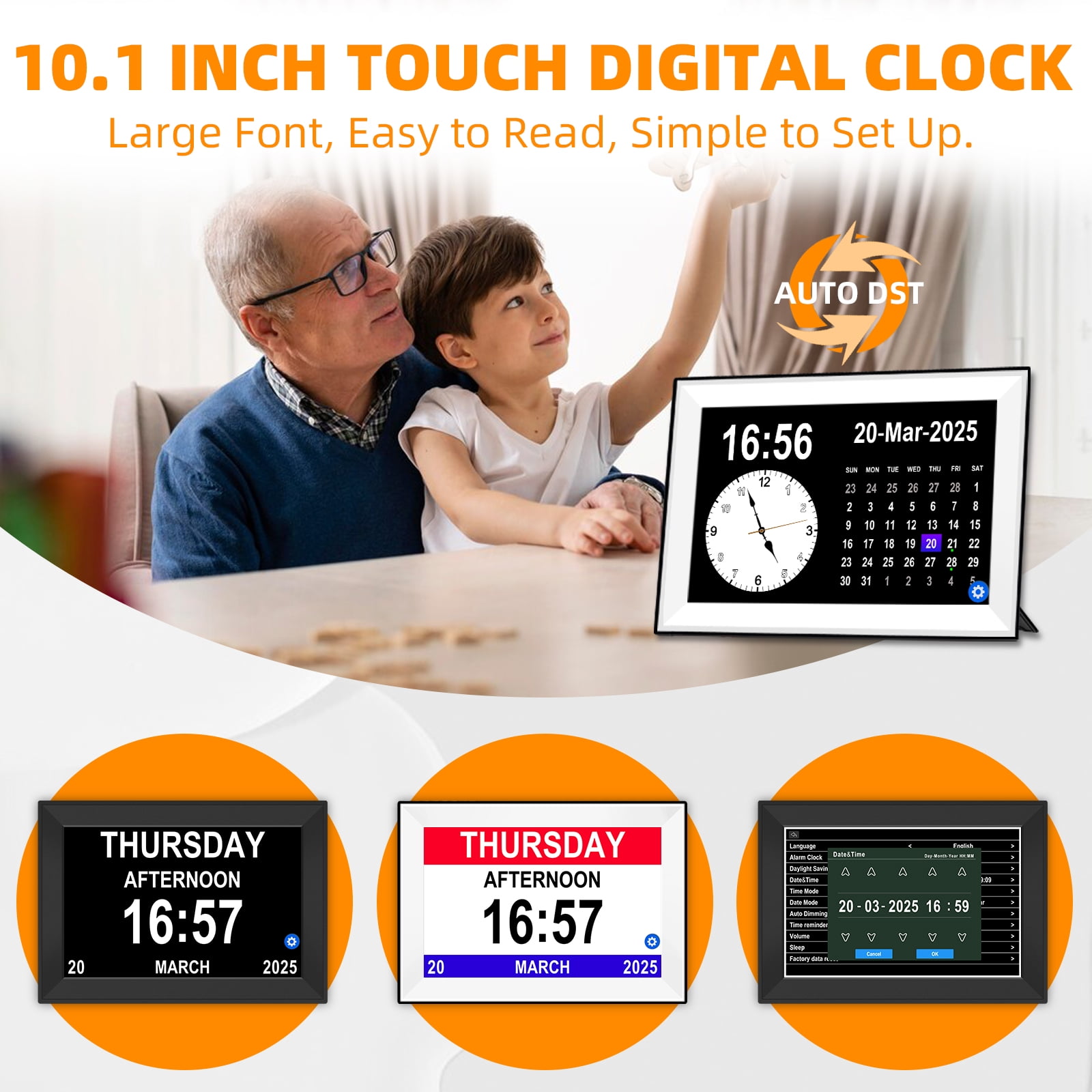 Bgift 10.1" Easy to Use Touch Screen Digital Clock for Seniors,Large Display Digital Calendar with Day and Date for Elderly,64 Alarms 40 Reminders, Auto DST,Gfits(Black)
