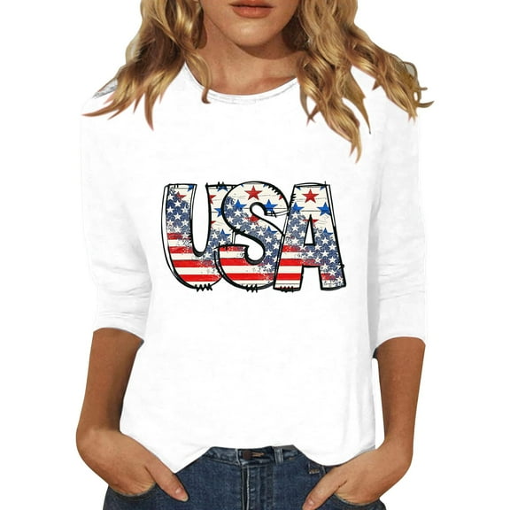 MANHUJI Womens Tee Shirt Tops Short Sleeve Women's Summer Round Neck Independence Day Usa Printed Loose Casual 3/4 Sleeve Top Tees for Women Ribbed Tank Tops for Women Blue