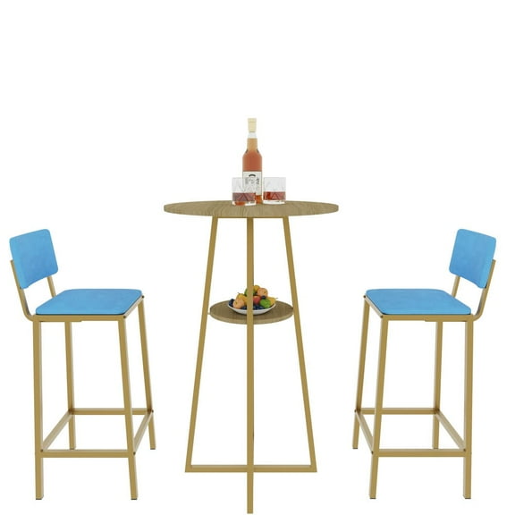 Canddidliike Bar Table and Chairs Three Piece Set, Bar Table with Storage Function and Gold Frame, Bar Chair with Brown Tabletop and Blue Cushion, Blue
