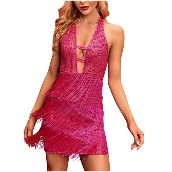 HBYJLZYG Sequins Glitter Bodycon Stretchy Dress - Women's Deep V Neck Halter Strap Backless Sparkly Mini Nightclub Party Dresses