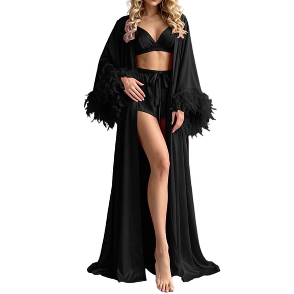 Yongwang 3 Piece Sleepwear for Women Feather Trim Bell Sleeve Long Dress Robe with Cami Shorts Sleepwear Loungewear Set