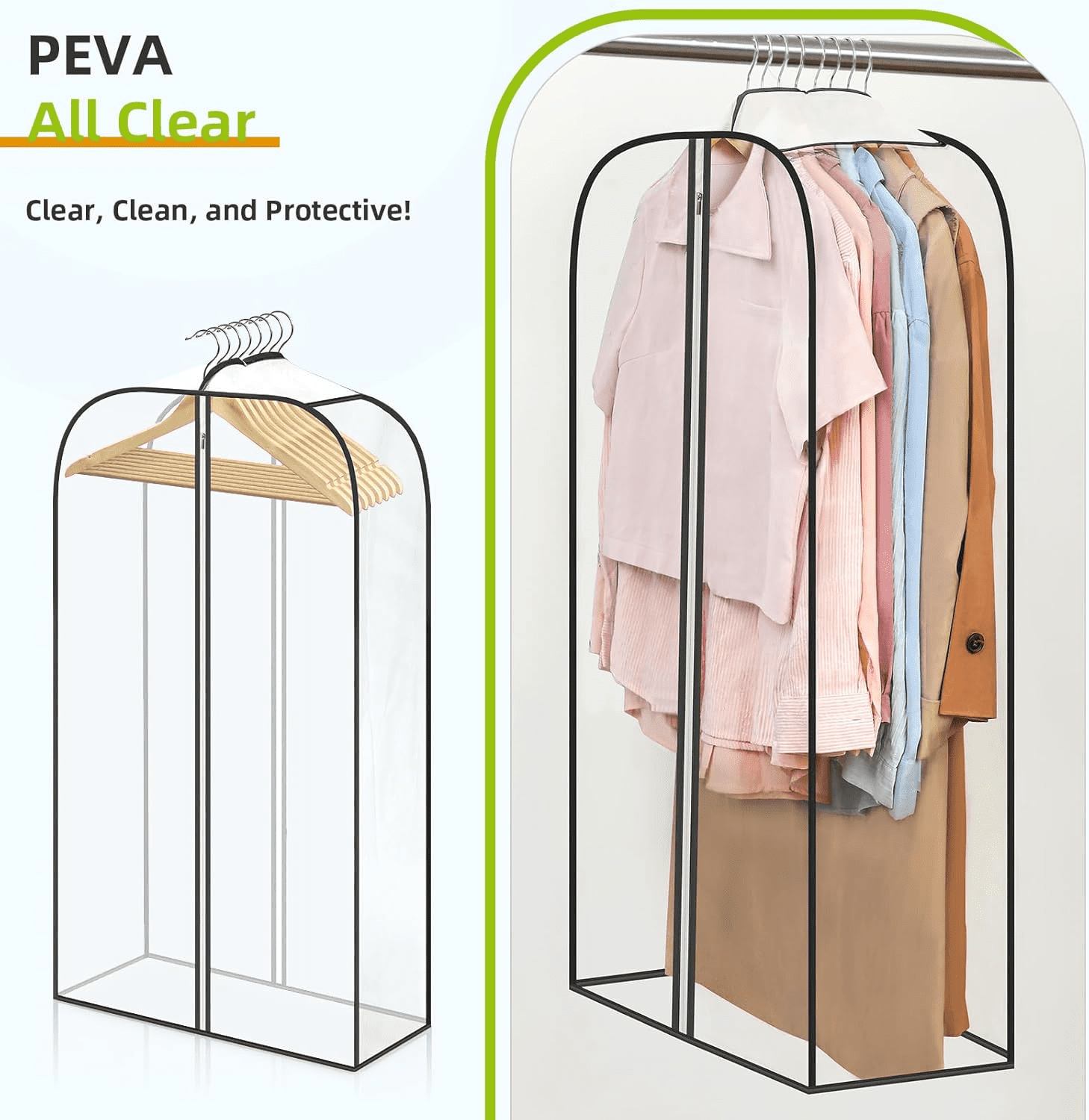 6 Pack Clear Hanging Garment Bags, 40 Inch Dust-Proof Garment Covers With Full Zipper, Transparent Clothes Storage Organizer For Suits, Dresses, Shirts, Closet & Travel