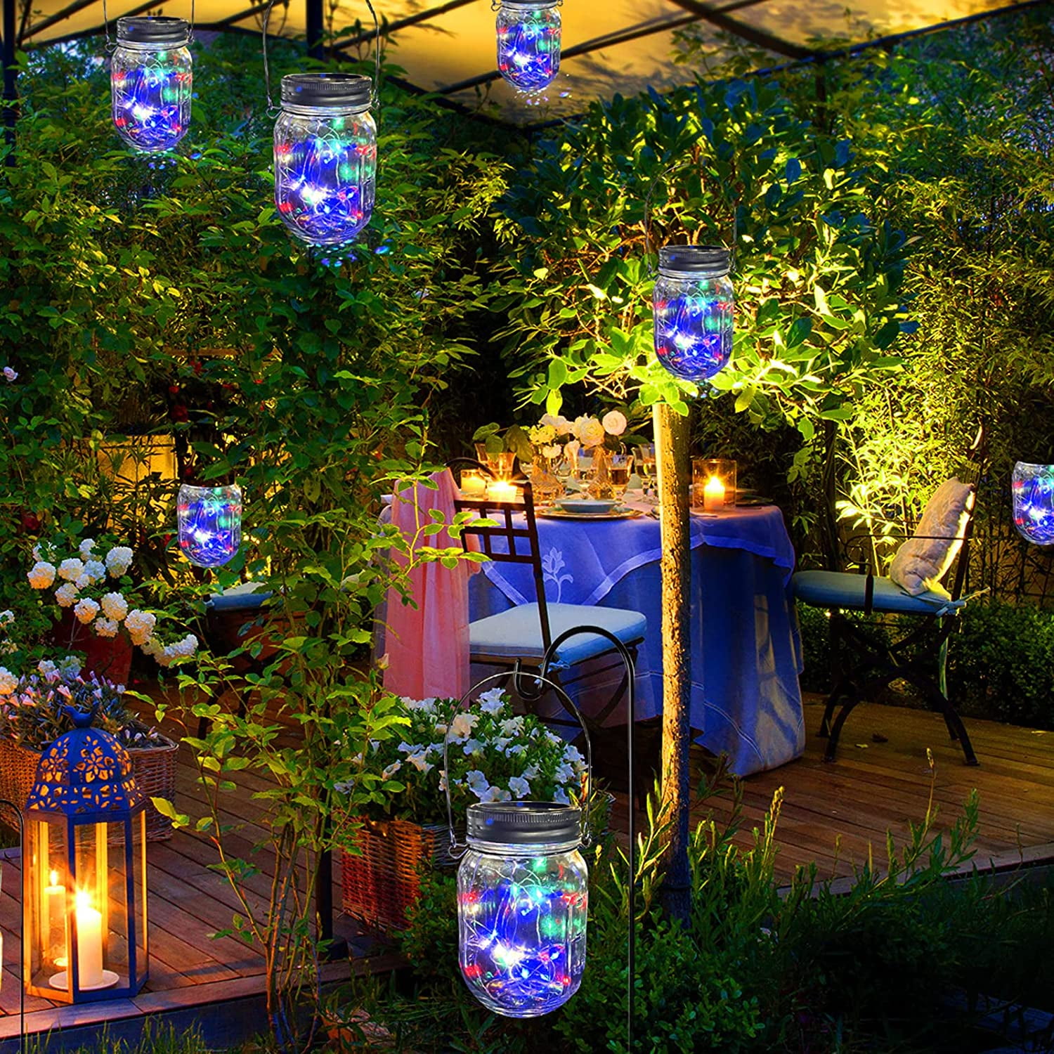 Hinzonek Hanging Solar Mason Jar Lights, 6 Pack 20 Led String Hanging Mason Jar Lanterns for Outdoor Decor Lamps for Outside Patio Garden Yard Fence Wedding Table, Multicolor (No Jars)