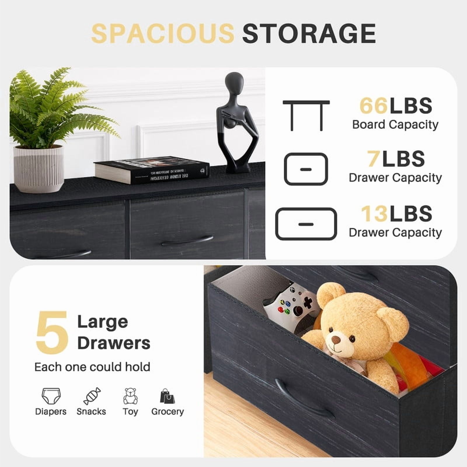 Simenmax 5 Dresser, Storage Drawers with Removable Fabric Bins, Fabric Closet Chests Organizer for Bedroom, Closet, Living Room, Black Wood