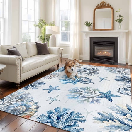 Blue Marine Life Washable Area Rug 5x8 Ocean Coral Sea Star Shellfish Seashell Coastal Low-Profile Large Area Rugs with Non Slip Backing Indoor Floor Carpet for Entrance Living Room Bedroom