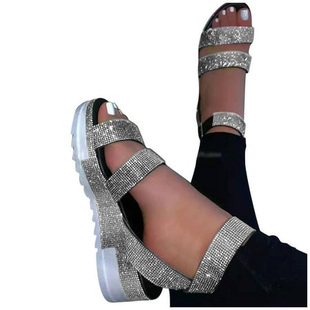 

PEASKJP Women s Square Open Toe Summer Women Wedges Bottom Slip On Open Toe Casual Beach Sandals Party Sandals Silver 7