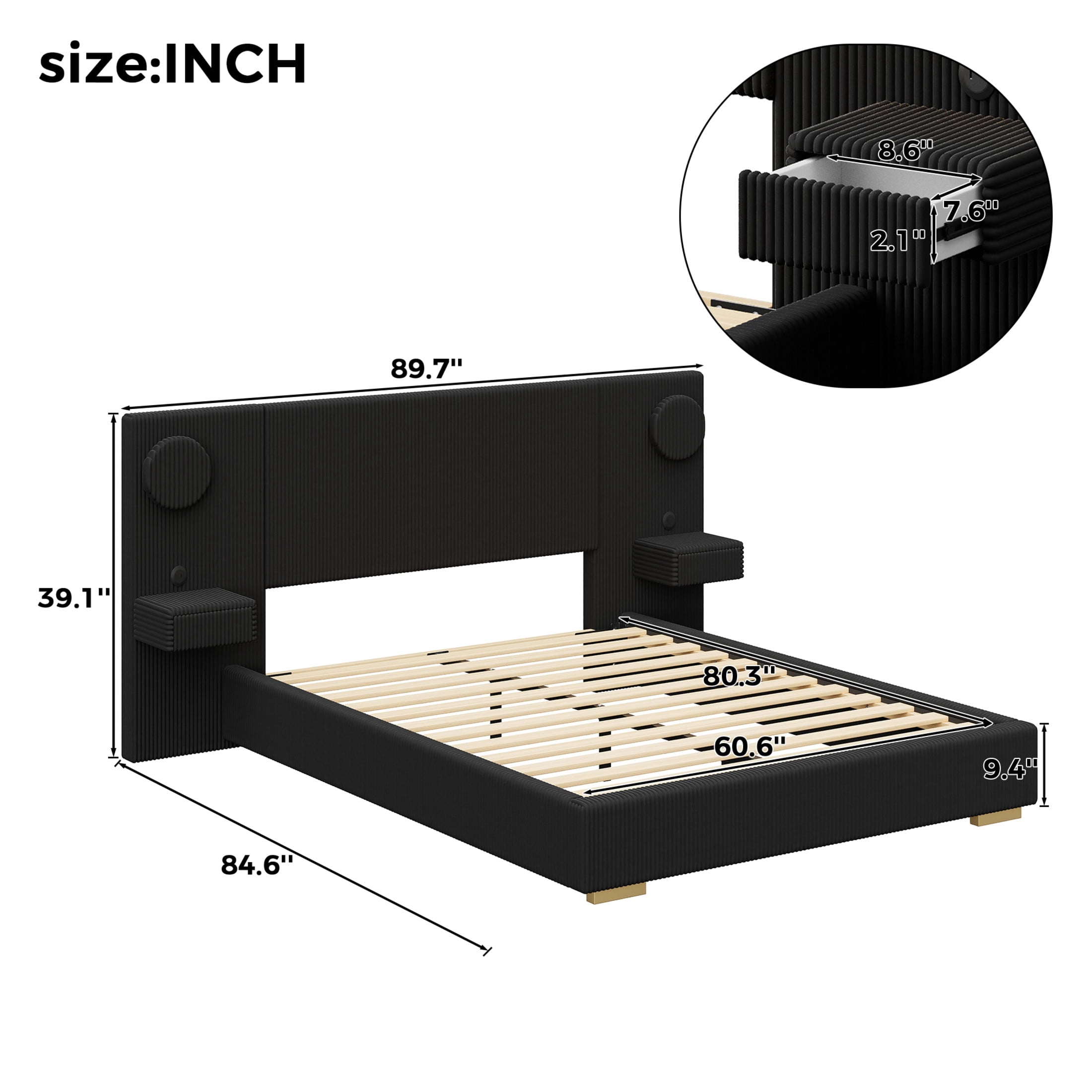 Noble House Dellas Queen Size Upholstered Platform Bed with LED Lights, Charging Ports & Side Storage Drawers, Black