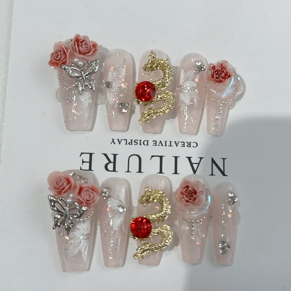 10 Pcs Press on Nails Long, Handmade Violet Fake Purple Full Cover False Nails with Rhinestone Designs Extra Long Glue on Nails Acrylic Nails for Women and Girls