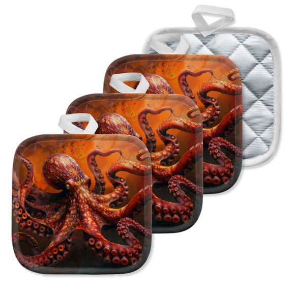 4 Pack Pot Holders,Kitchen Essential, Potholder Set,Majestic Octopus In An Eerie Orange Abyss
