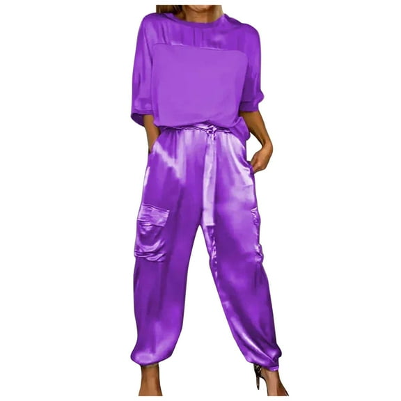 YUHAOTIN Female Womens Pants Suits Dressy Casual Plus Smooth Satin Half Sleeve Top and Pants Set Casual Summer Satin Pajama Set Plus Size Concert Outfits for Women Birthday Outfits for Women