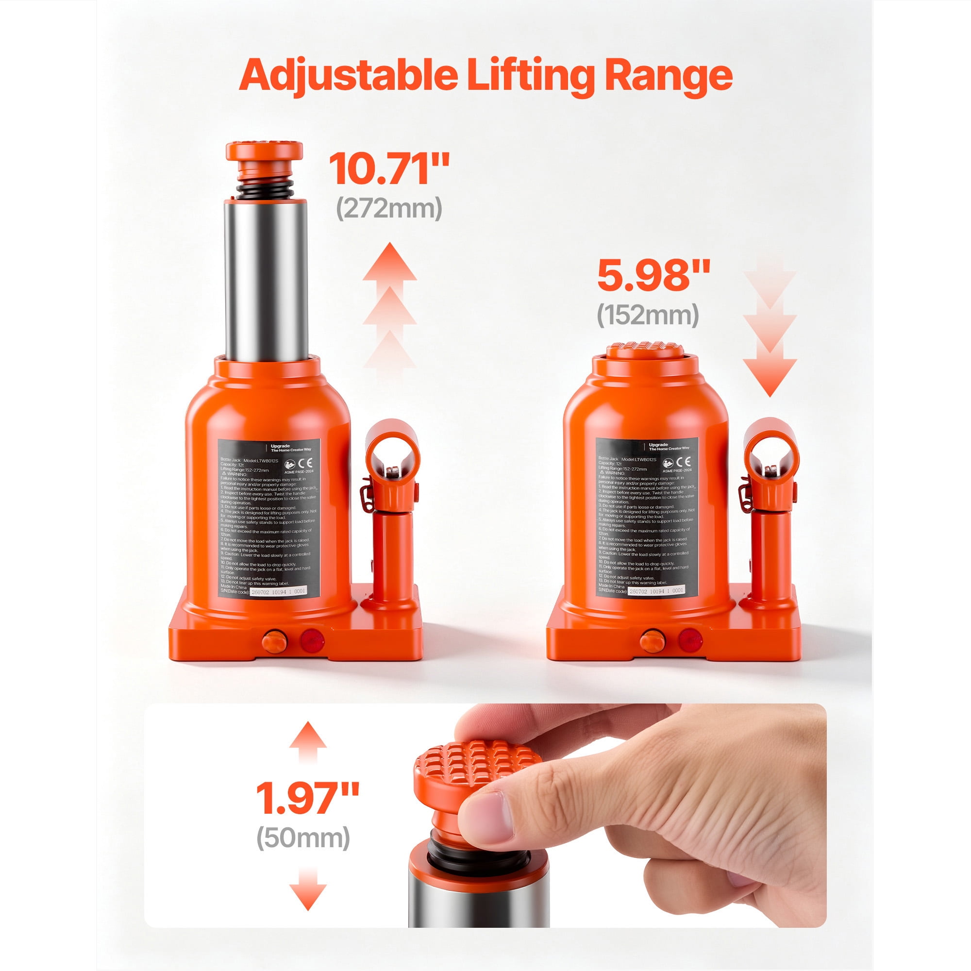 KFFKFF Hydraulic Bottle Jack 12 Ton (26455.5 lbs) with 5.98"-10.71" Lifting Range, Suitable for Heavy-Duty Vehicles, Medium Trucks, Durable Welded Design with 3-Section Long Handle, Orange