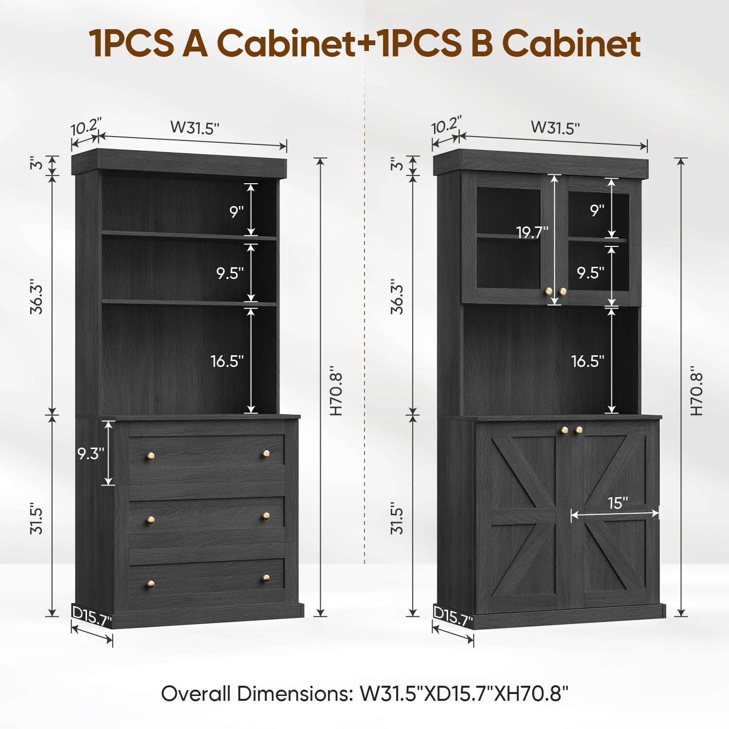 71" Tall Kitchen Pantry Cabinet Set of 3 With Adjustable Shelve,Coffee Bar Hutch with Microwave Stand for Dining Room,Living Room,Black