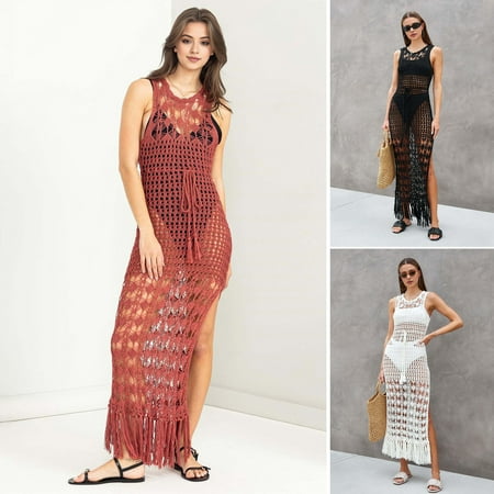 Joernso Hollow Knitted Beach Cover Up Dress Summer O-Neck Sleeveless Back Hollow Fringed See-through Anti-UV Bikini Cover Up