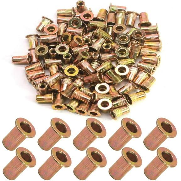 100Pcs #10-32 Rivet Nuts, Carbon Steel Rivnut Flat Head Threaded Insert Nut Knurled Body for Automotive Furniture Decoration, Zinc Plated