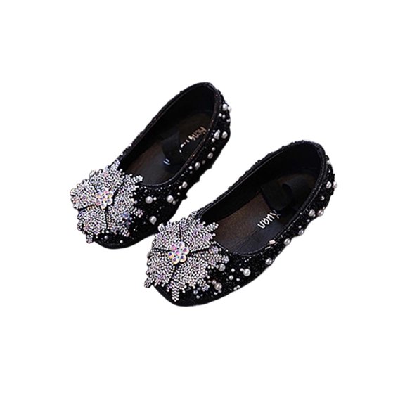 Xfvqtps Sparkle Princess Mary Jane Ballet for Girls Elastic Strap Close Toe Pearl Flower Sequin Rhinestone Spring Summer Dressy Casual Shoes