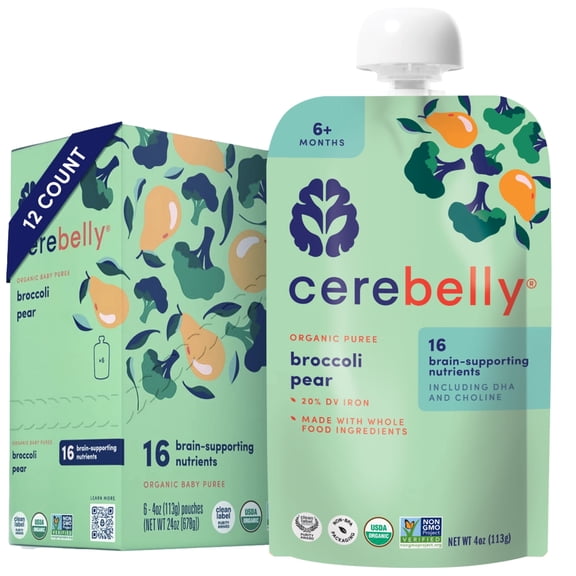 Cerebelly Organic Baby Food Pouches, Broccoli Pear Purees, 16 Nutrients, No Added Sugar, Fiber & Non-GMO, 4oz, 12 Pack