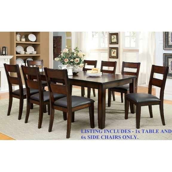 New Dark Cherry 7pc Dining Set Table w Leaf 6x Side Chairs Bold Sturdy Design Padded Leatherette Seats Dining Room Furniture