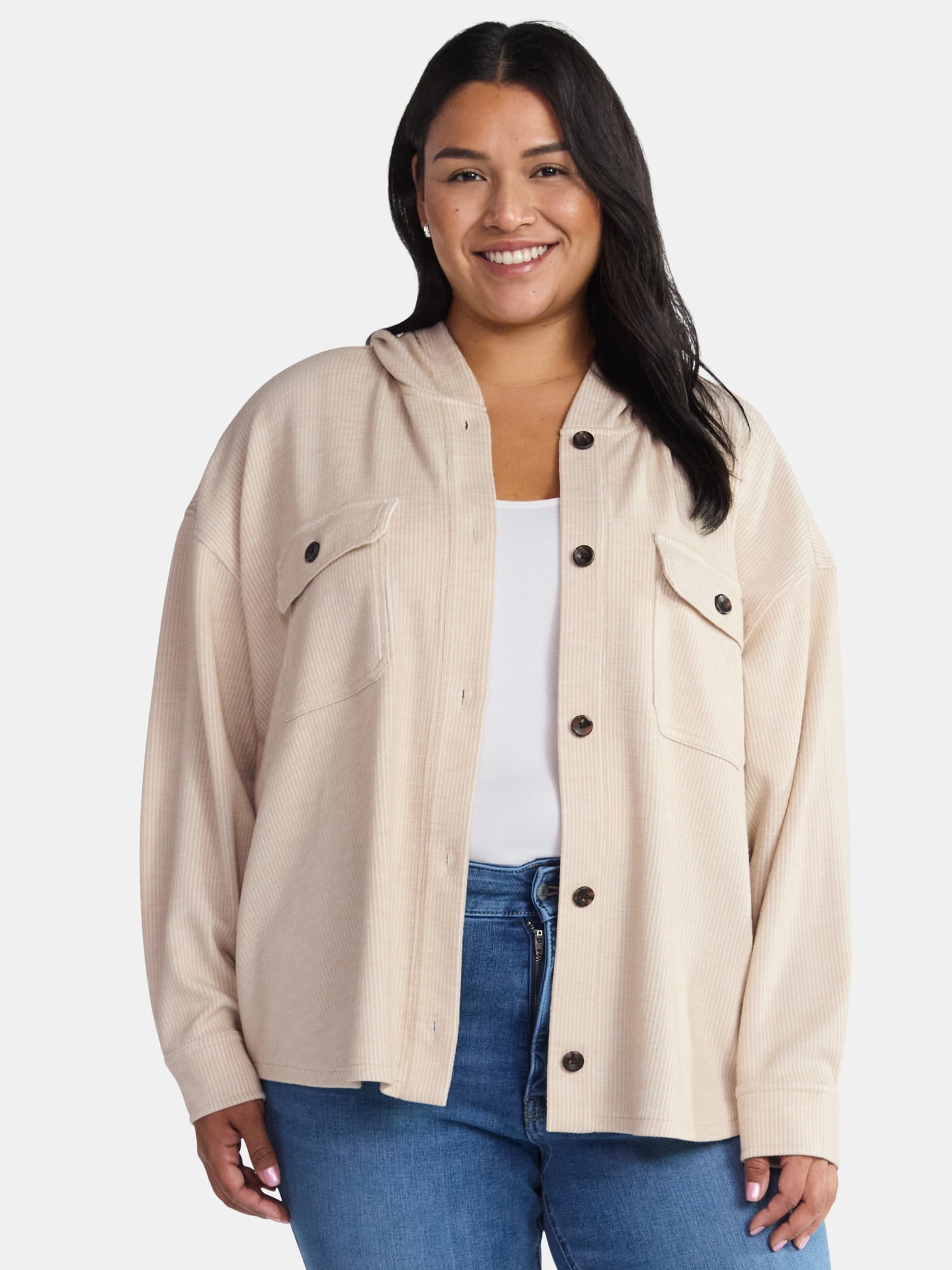 Time and Tru Women's and Women's Plus Ribbed Shirt Jacket with Hood, Sizes XS-4X