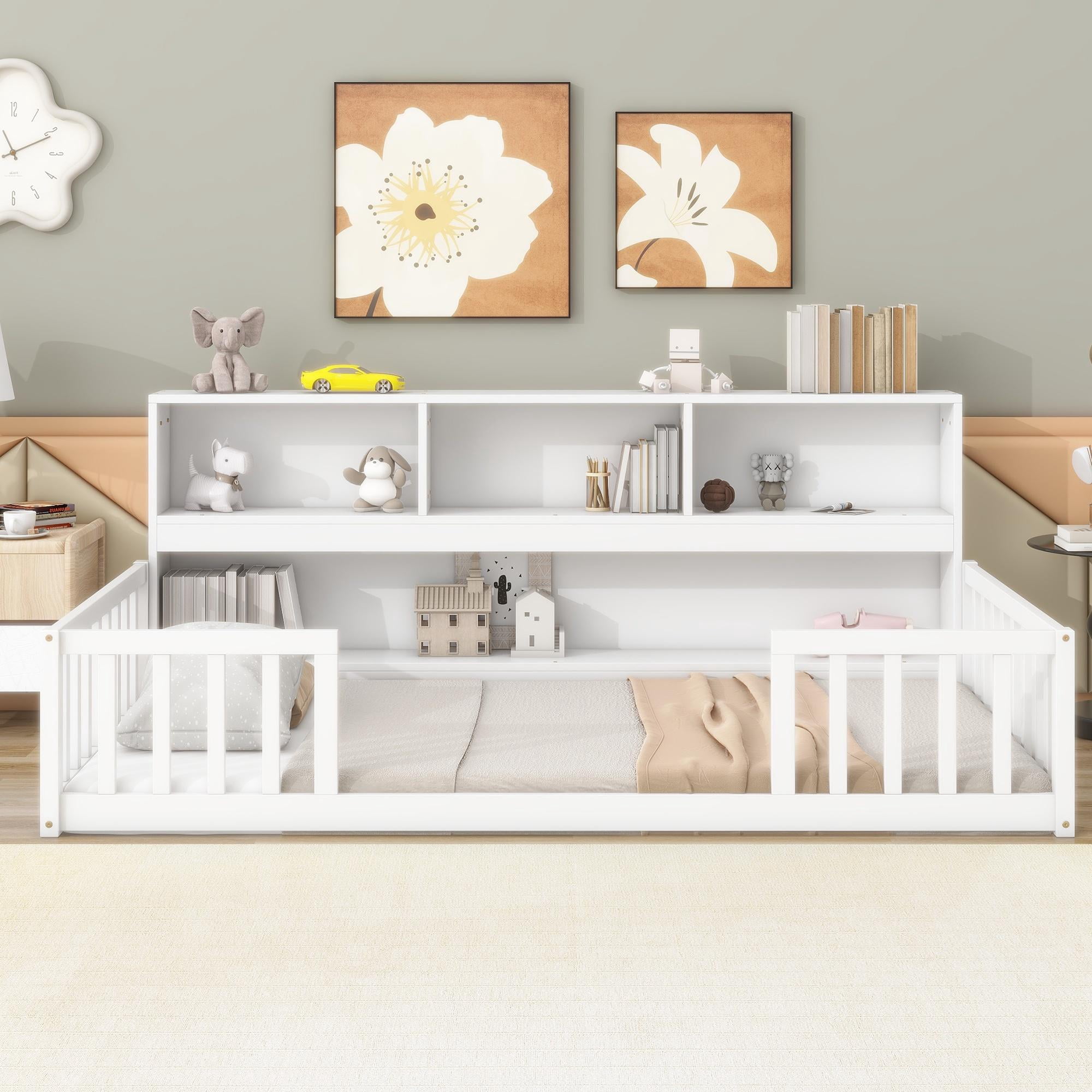 Bellemave Twin Size Floor Bed Frame with Fence and Bookcase Wood Floor Bed Low Montessori Bed Frame with Storage Shelves (Twin, White)
