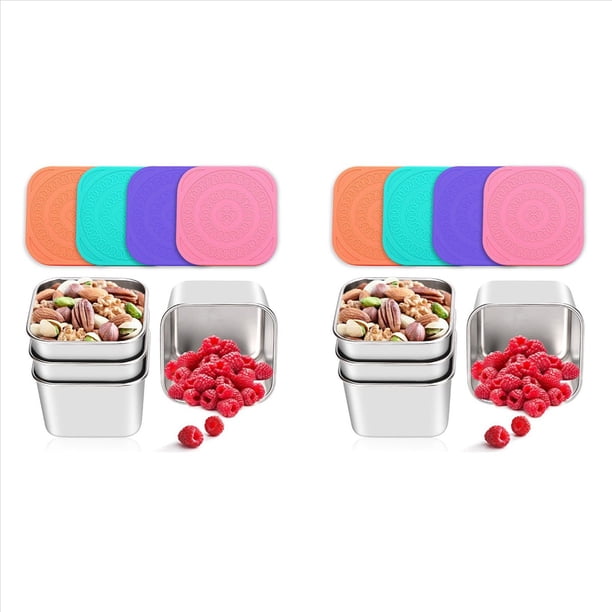 Paquete 8 Recipientes para Refrigerios de Acero Inoxidable para Niños, Recipientes Metálicos una Prueba de Fugas para Almacenamiento de Alimentos, Mini Lonchera Apilable (6 Onzas)