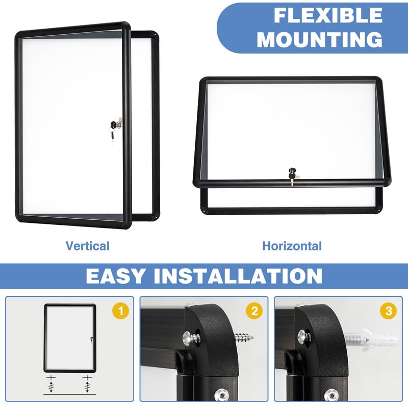 Enclosed Lockable 26"x20" Magnetic Whiteboard Cabinet for Wall Outdoor Use Noticeboard Tamperproof Dry Erase Cabinet for Wall Office with 4 Magnets, Black Aluminium Framed