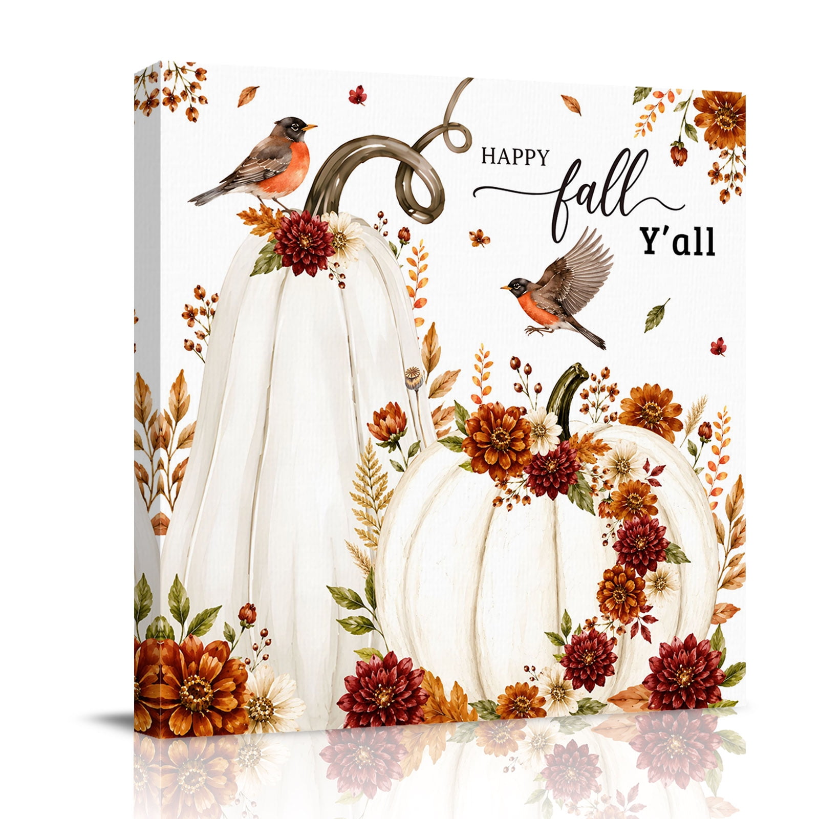 Canvas Wall Art Happy Fall Framed Canvas Prints for Bathroom Kitchen White Pumpkins Roses Botanical Thanksgiving Gallery Wrapped Wall Decor for Home Office Gifts 10 x10 Ship Next Day