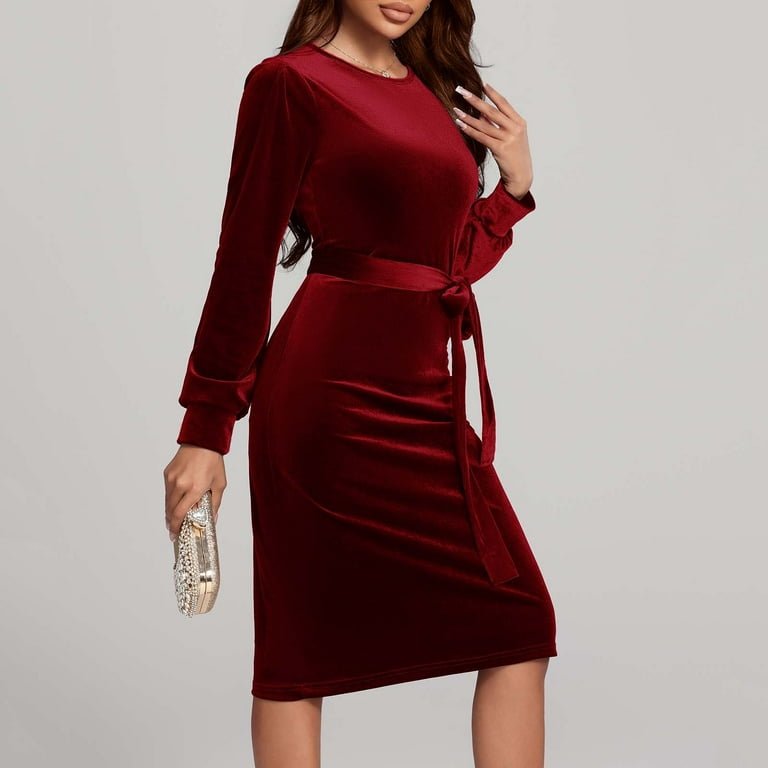 Lorytime Velvet Dress for Women Formal Midi A Line Gown Crew Neck Evening  Dresses Long Sleeve Solid Party Dress - Walmart.com