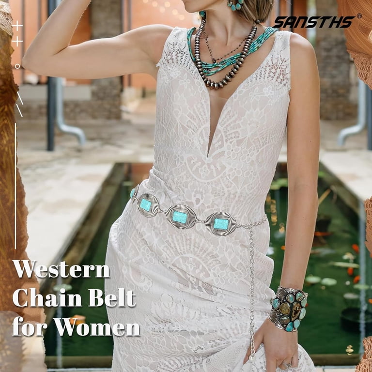 Large Western Concho Metal Chain Belt with Turquoise for Women XIATIAN Metal Concho Belts for Women Western Cowgirl  main image 2