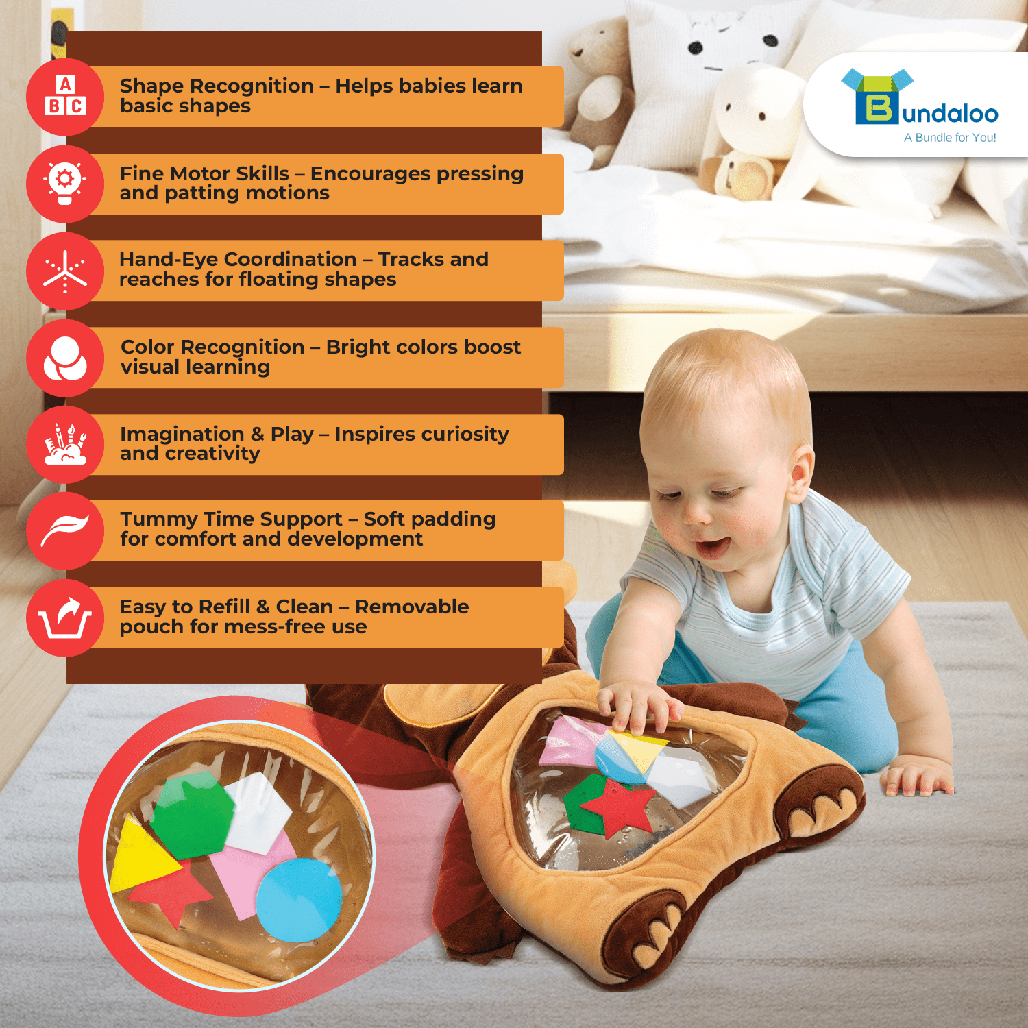 Bundaloo Monkey Tummy Time Water Play Mat for Babies, Soft Plush Sensory Activity Toy with Floating Shapes, Removable Water Pouch, Machine Washable, for Infants 6 Months and Up