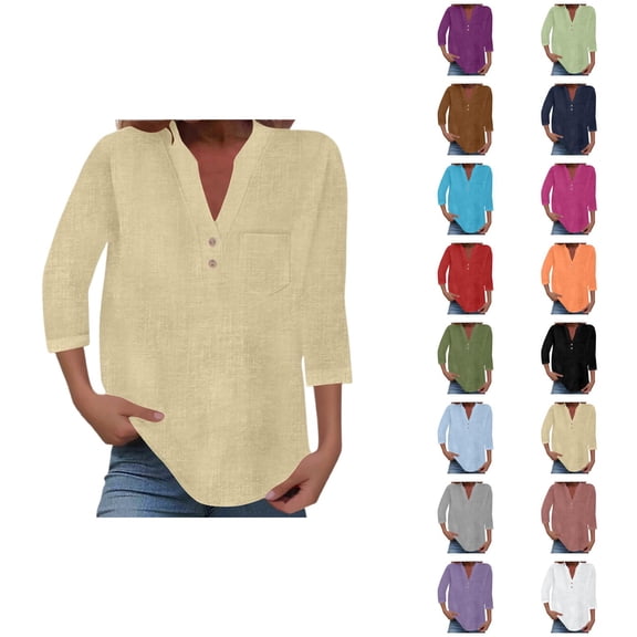 3/4 Length Sleeve Womens Tops Cotton Linen Lightweight V Neck Loose Blouse Dressy Casual Office Work T Shirts